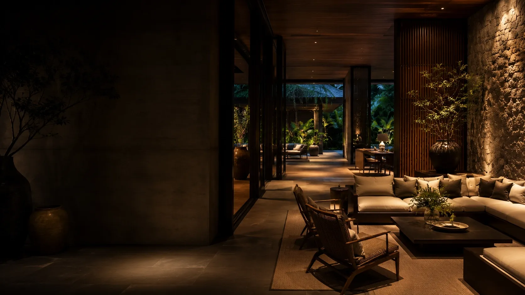 Warm dark interior with architectural lighting